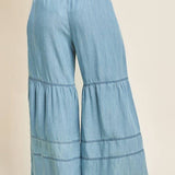 Plus Washed Denim Tiered Wide Leg Pants: Washed Chambray