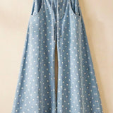 Polka Dot Wide-Leg Denim Pants in Cotton