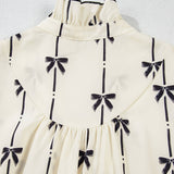 Bow print v-neck ruffle puff sleeve babydoll dress: Beige / L