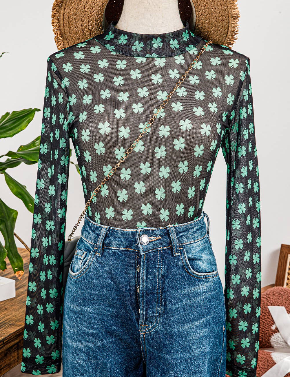 St Patrick Shamrock Mock Neck Long Sleeve Mesh Bodysuit: As shown / Missy / L