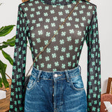 St Patrick Shamrock Mock Neck Long Sleeve Mesh Bodysuit: As shown / Missy / L