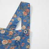 Vintage Rose Print Pleated Denim Overall Jumpsuit (S-XL)