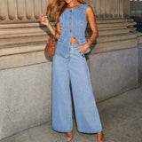 SOLID COLOR LOOSE DENIM WIDE LEG PANTS VEST SUIT: BLACK / (S) 1