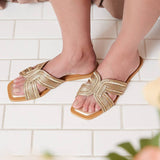 MARISA H-SHAPED UNIQUE ZIPPER LINE DESIGN SANDAL: CHAMPAGNE / 7.5