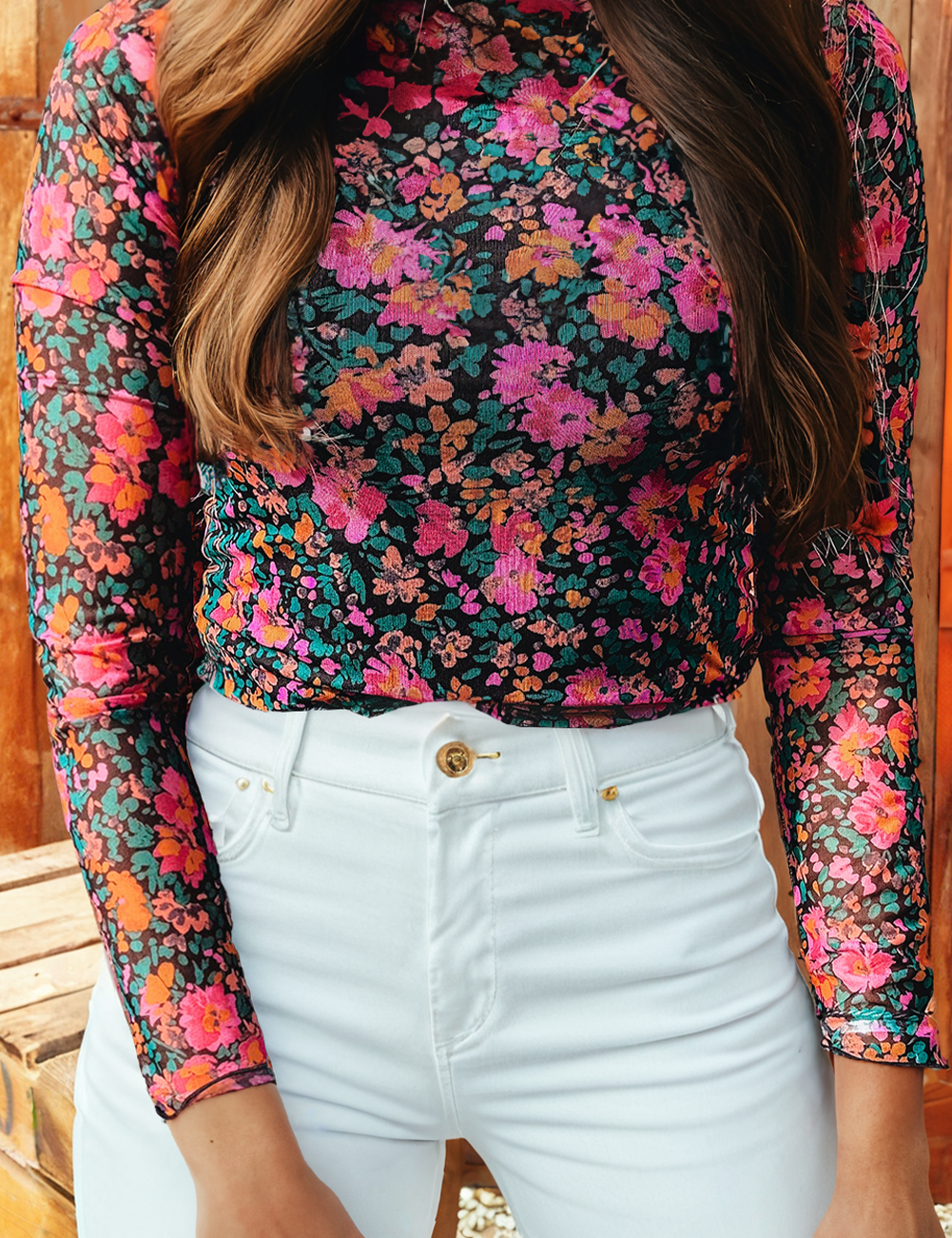 Spring 2026 Floral Mesh Long Sleeve Mock Neck Top(S-4X): Rose-Short / S