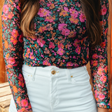 Spring 2026 Floral Mesh Long Sleeve Mock Neck Top(S-4X): Rose-Short / S
