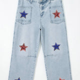 Patriotic Sequin Stars Patch Pocket Shift Jeans
