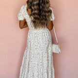 White Frilly Shirred Bodice Tiered Floral Maxi Dress: White / 100%Polyester / S