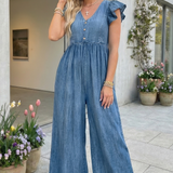66 Ruffled Short Sleeve Wide Leg Denim Jumpsuit (S-XL)