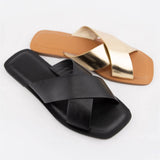 Cross Strap Slide Sandals Minimal Leather Flat Slide