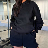 Basic pocket hoodie &  drawstring short set outfits