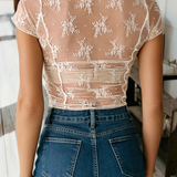 Exposed Seam Ruched Sheer Floral Mesh Top (S-XL): White / Missy / S