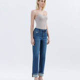 HIGH RISE DARK WASH CUFFED STRAIGHT JEANS T6666: NICO / 25