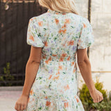 Beige Floral Print Shirred High Waist Puff Sleeve Mini Dress: Beige L