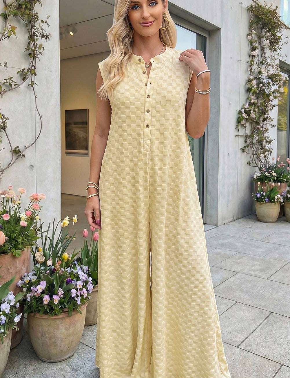 Half Buttons Sleeveless Wide Leg Textured Jumpsuit