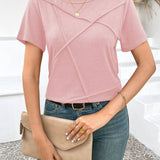 Solid Color Cross Stitch Detail Short Sleeve Casual Top: Orange / 2XL