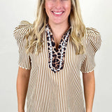 Sky Blue Stripe Short Puff Sleeve Leopard  Blouse: Brown S