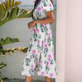 White Floral Puff Short Sleeve V Neck High Waist Maxi Dress: White S