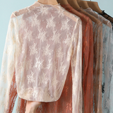 Semi Sheer Mesh Floral Lace Layering Top: Black / M