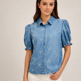 PUFFED SLEEVE LEAF EMBROIDERED SHIRTS