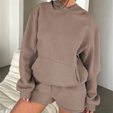 Basic pocket hoodie &  drawstring short set outfits