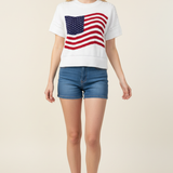 AMERICAN FLAG GRAPHIC KNITTED SWEATER TOP - 7254WS: White / L