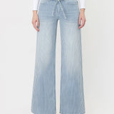 HIGH RISE WAIST TIE STRIPED WIDE LEG JEANS V3838STR: STRIPE / 25