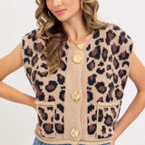 LEOPARD PRINT KNIT BUTTON-UP SWEATER TOP: TAUPE / Contemporary / M