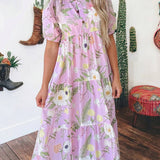 Floral Print Short Puff Sleeve High Waist Tiered Maxi Dress: Pink / XL