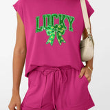 St Patricks Day Lucky Sequin Bow Two Piece Set: Black / 65%Polyester  30%Viscose   5%Elastane / L