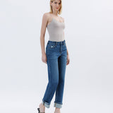 HIGH RISE DARK WASH CUFFED STRAIGHT JEANS T6666: NICO / 32
