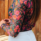 Spring 2026 Floral Mesh Long Sleeve Mock Neck Top(S-4X): Rose-Short / S
