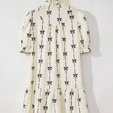 Bow print v-neck ruffle puff sleeve babydoll dress: Beige / L