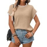Crochet Trim Short Sleeve Knit Top for Women Summer Casual: Khaki / 65%Polyester  30%Viscose   5%Elastane / M