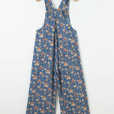 Vintage Rose Print Pleated Denim Overall Jumpsuit (S-XL)