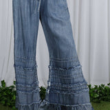 Flared Ruffle Hem Washed Chambray Crop Denim Pants VP83039: Washed Denim / L