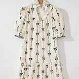 Bow print v-neck ruffle puff sleeve babydoll dress: Beige / L