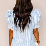 Sky Blue Stripe Short Puff Sleeve Leopard  Blouse: Brown S