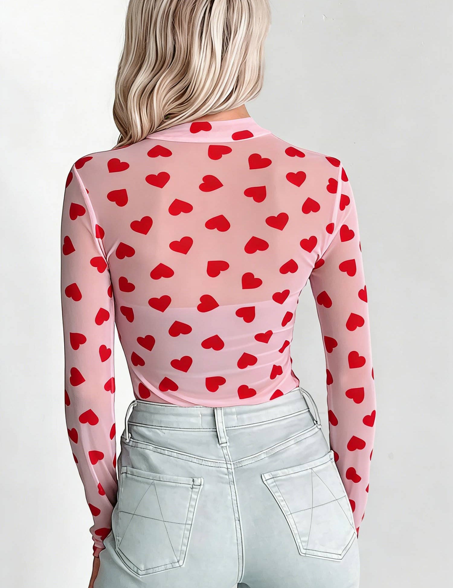 Valentines Heart Printed Sheer Mesh Long Sleeve Top: Pink / M