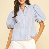 FLORAL GINGHAM BLOUSE TOP - 5707TD: Light Blue / M