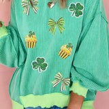Bright Green Twisted Rib St Patricks Day Sequin Patch Graphic Long Sleeve Top: Bright Green / 75%Polyester+20%Viscose+5%Elastane / S
