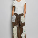 Drawstring Floral Patch Denim Pants