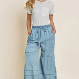 Plus Washed Denim Tiered Wide Leg Pants: Washed Chambray