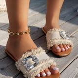 Frayed Wide Band Rhinestone Buckle Detail Slippers