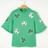 Green Sequin Clover Graphic Ruffled Trim Bell Sleeve St Patrick Blouse: Green / 100%Polyester / S