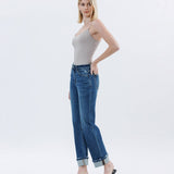 HIGH RISE DARK WASH CUFFED STRAIGHT JEANS T6666: NICO / 28