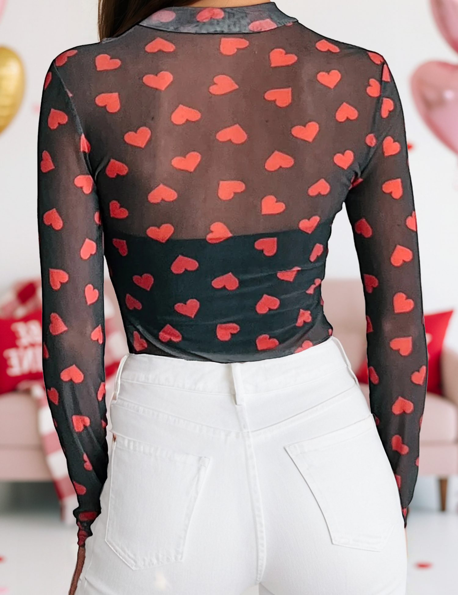Valentines Heart Printed Sheer Mesh Long Sleeve Top: Pink / S