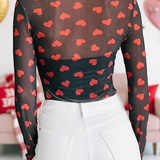 Valentines Heart Printed Sheer Mesh Long Sleeve Top: Pink / M