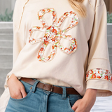 LDC  Flower Patch Graphic Exposed Seam Wide Sleeve Loose Top: Grapefruit Orange / L