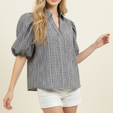 FLORAL GINGHAM BLOUSE TOP - 5707TD: Light Blue / L
